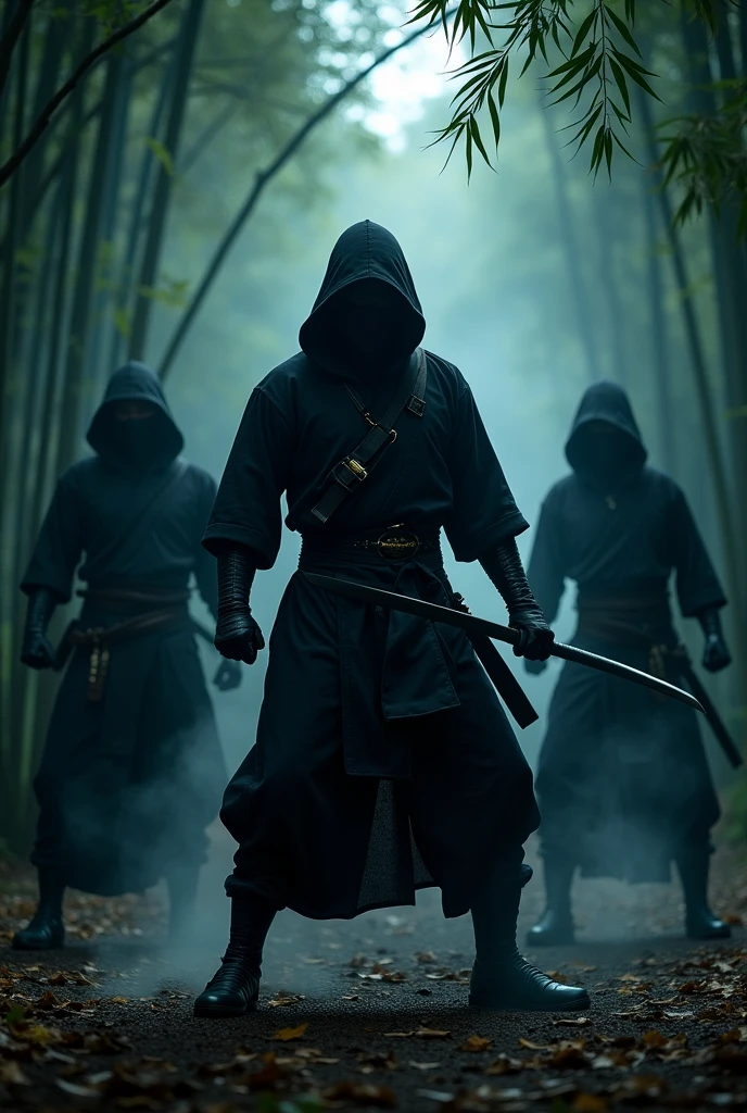 Japanese ninja in ninja uniform training head-on with other ninjas at night