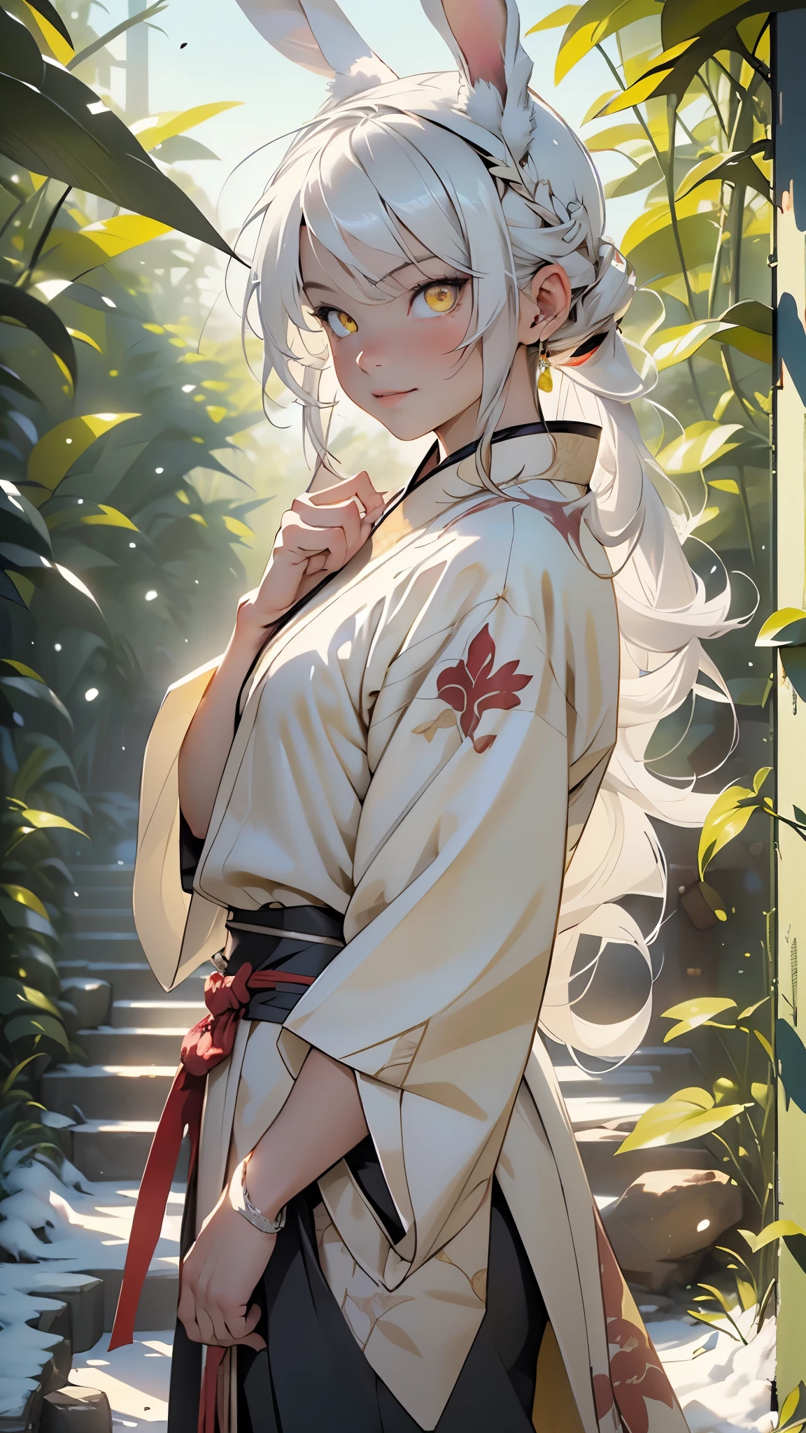male, muscle, 1boy, muscular, 18 year old man,young,1 man,(((1male,1 male, 1man, 1 man,man:1.5,male gender:1.5,male focus))),((white hair)),(((yellow_eyes:1.3))),intricate eyes,beautiful detailed eyes,symmetrical eyes,((long white hair)),(((bunny boy,anthro furry cute,bunny-boy,bunny ears,bunny ears on head,big bunny ears))),
(((Hanfu, armor, long hair, mean eyes, yellow robe))), beautiful Asian wuxia, modern wuxia, (((Asian))), straight white hair,((bulge in pants)),((red clothes theme,intricate outfit,intricate clothes)),
(dynamic pose:1.0),smile,(centered,scale to fit dimensions,Rule of thirds),
outdoors,(waterfall,bamboo,river,snow bamboo forest,japanese temple,red lanterns burning,temple in the snow forest,mossy stairway in the temple,dilapidated temple,bamboo sanctuary,),scenery,extremely scenery,winter,scenery:1.25,((intricate scenery)),((snow bamboo forest background)),
(Glossy winter ornaments),highres,sharp focus,(ultra detailed,extremely detailed),(photorealistic artwork:1.37),(extremely detailed CG unity 8k wallpaper),(((vibrant colors,vibrant theme))),(intricate),(masterpiece),(best quality),artistic photography,(photography taken by sldr),(intricate background),perfect rendered face,perfect face details,realistic face,photo realistic,((intricate detail)),(((realism))),
