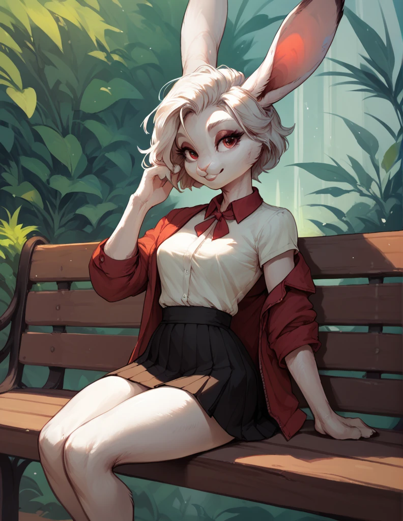 (((furry 5.0)))),Female, 18 years, cute rabbit, Female кролика, tight shorts, slender body, sits on a bench, against the background of the Forrest