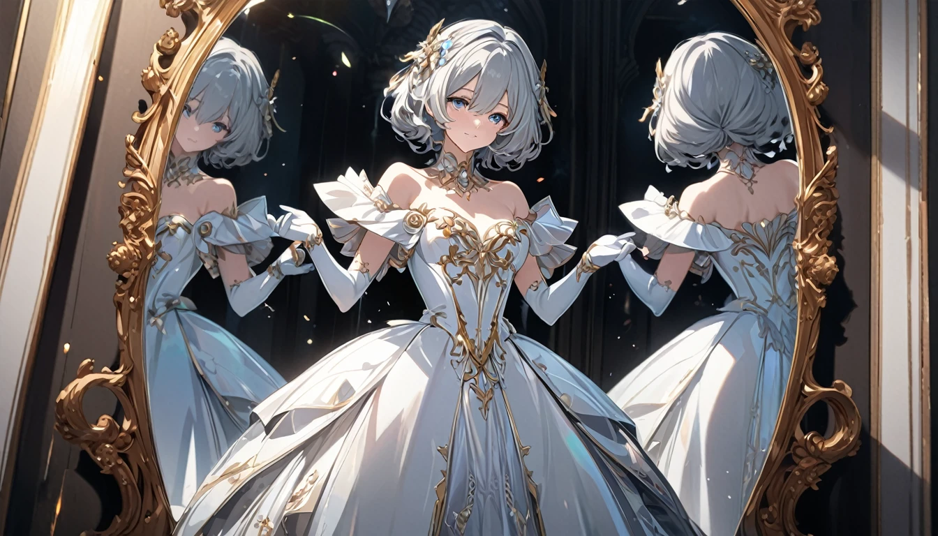**293. One person。Personification of the mirror。Reflective、The embodiment of a reflecting mirror。Cowboy shot or close-up。
masterpiece, best quality, ultra detailed (Detailed fingers), (Emotional), (Breathtakingly beautiful),
(main part: 1.2 Whole body。), (Anime Style), (Very detailed), (mirror personification),
(超High resolution, High resolution), (8k), (High resolution: 1.2), (Complex and beautiful: 1.2)**
- background: Luxurious Baroque room、A space with mirrors lining the walls。
- Personification: Young woman, around 18 years old、Wearing a shiny dress that mimics the reflection of a mirror。
-pose: Staring at the mirror as if to reflect oneself。
-expression: Confident gaze、A satisfied expression on the screen。
- Effects: 光が鏡面でReflective、Glow-in-the-dark effect。
-color: Silver and crystal、A color that symbolizes the transparency and brilliance of a mirror。