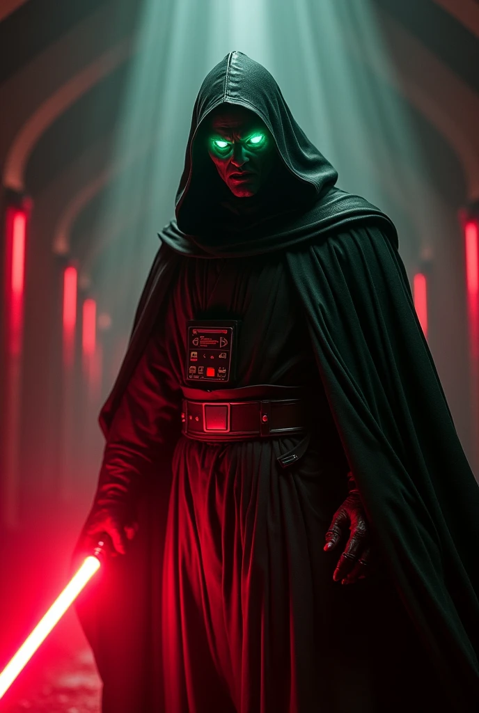 The app Whatsapp as a Sith Lord from Star Wars, colors of the app, red lightsaber, creepy, scary, ultra-realistic 
