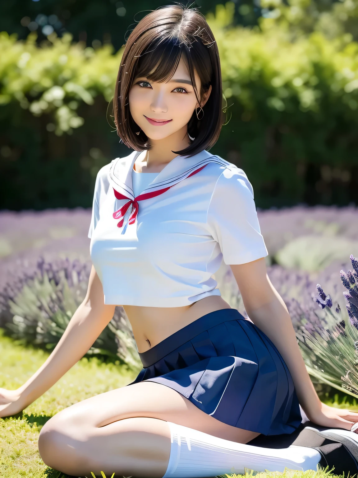 (Highest quality:1.5)、(Realistic:1.5)、(1 person:1.5)、Very detailed、High resolution、8k、Medium chest、Natural color lips、Cute Smile、Japanese women、20-year-old girl、Beautiful and elegant face、Perfect and beautiful face、Balanced big eyes、Brunette's eyes、Beautiful and elegant face、Natural double eyelids、Natural Bangs、Beautiful thin nose、Beautiful Skin、(Medium Bob Hair)、Natural Bangs、Perfect and beautiful face、Slim face and figure、Look at the viewers、School Sailor Uniform、White short sleeve blouse shirt, Navy Pleated Micro Mini Skirt,、Knee-high socks、Beautiful belly on、Open the navel、臍が見えるタイトなSchool Sailor Uniformを着ている、High-angle composition、(Staring at the camera with a sweet smile)、Bright lighting、Professional Lighting、Forward lighting、Beautiful legs:1.2、Smh Skin、The body is slim、Slim waistline、slim thin thighs、Sit on the ground、Lavender Fields、A hill where lavender blooms、