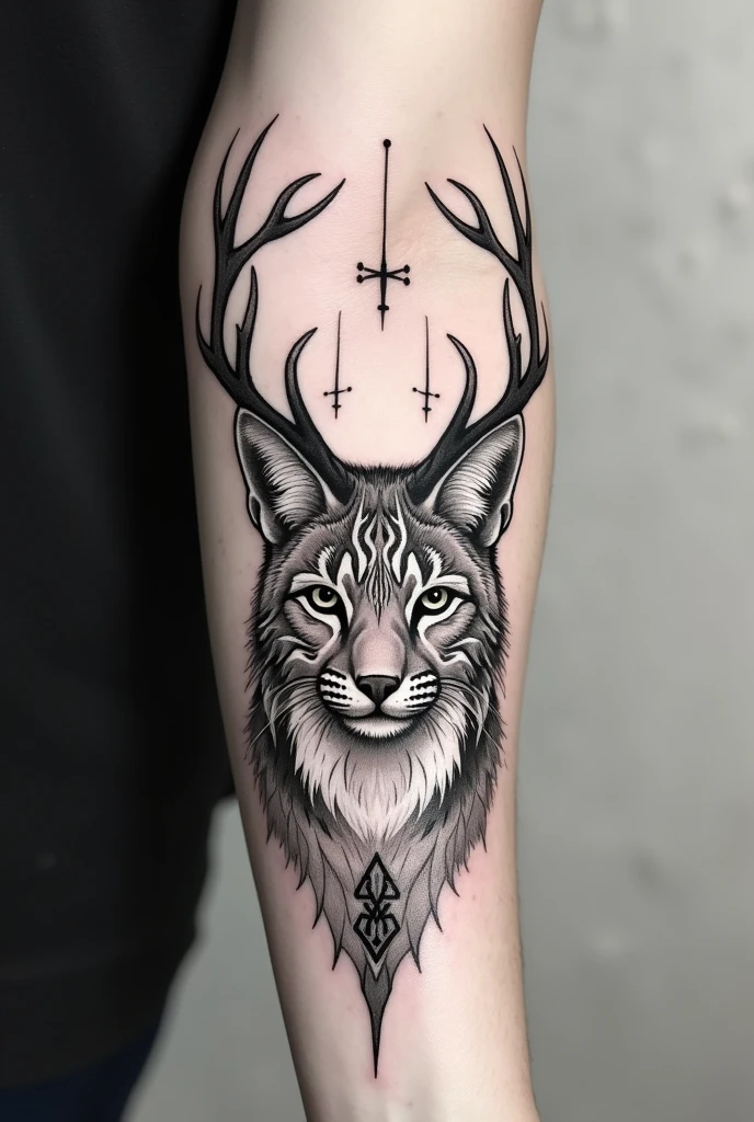 Could you create a sketch of a tattoo with just lines for the forearm of a lynx with deer antlers?, also with Nordic symbols