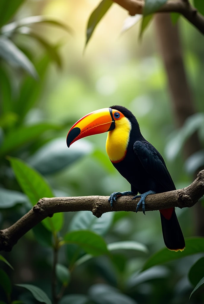 A toucan on a branch in the right corner, with one in picture 16:9 