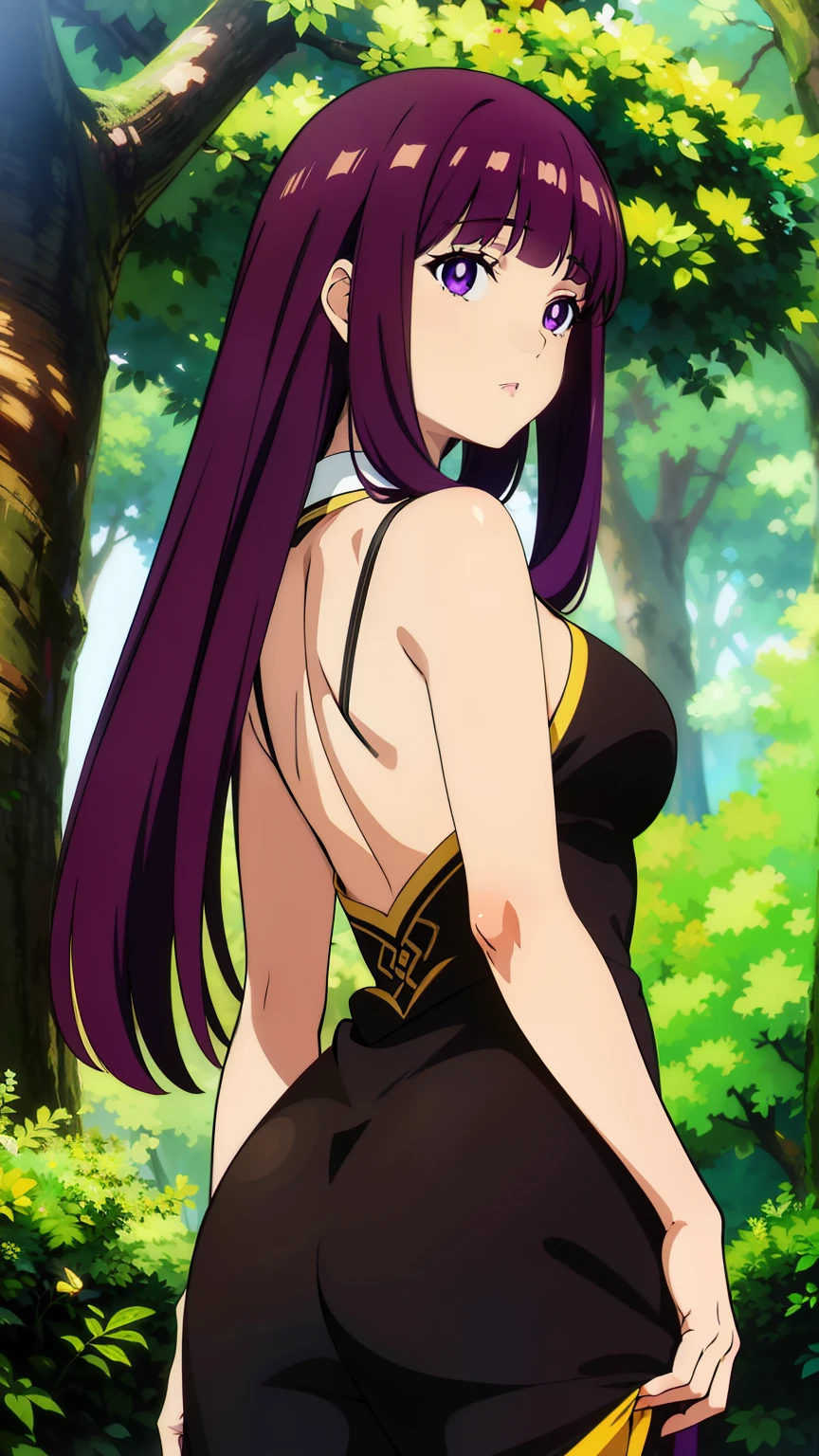 freirenfern, fern, purple hair, long hair, purple eyes, blunt bangs, goddess of beauty, ((perfect anatomy)), image from behind, side locks, half up, bright pupils, (thick ass, one girl), (masterpiece, highest quality, high resolution, 8K:1.2), (anime), super resolution, highly detailed and beautiful, highly detailed beautiful girl, highly detailed face, highly detailed eyes, perfect anatomy, cowboy shot, highly detailed cg unity 8k, (chinese cheongsam, forest),
