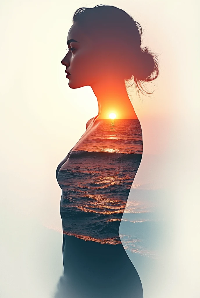 high quality, 8K Ultra HD, A beautiful double exposure that combines an goddess silhouette with sunset coast, sunset coast should serve as the underlying backdrop, with its details incorporated into the goddess , crisp lines, The background is monochrome, sharp focus, double exposure, by yukisakura, awesome full color,