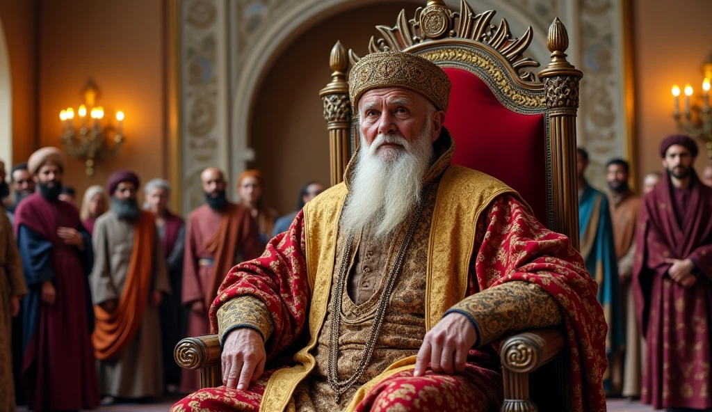 Creat a animated image of that old age Muslim king sitting on his chair and his Courtiers is standing up front of the king
