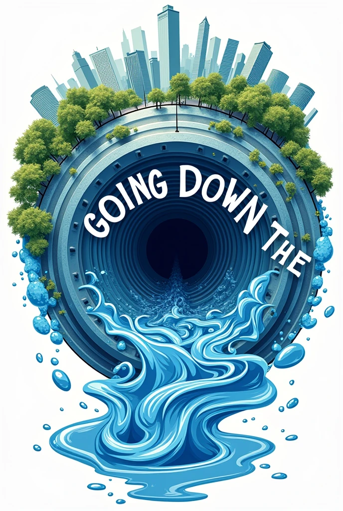 create a logo for a card game called "Going down the drain" ,  A drain in the center, piso molhado e os dizeres Going down the drain como se fosse de água e com o desenho de uma cidade indo pelo ralo também. This card game has the environment as its theme.