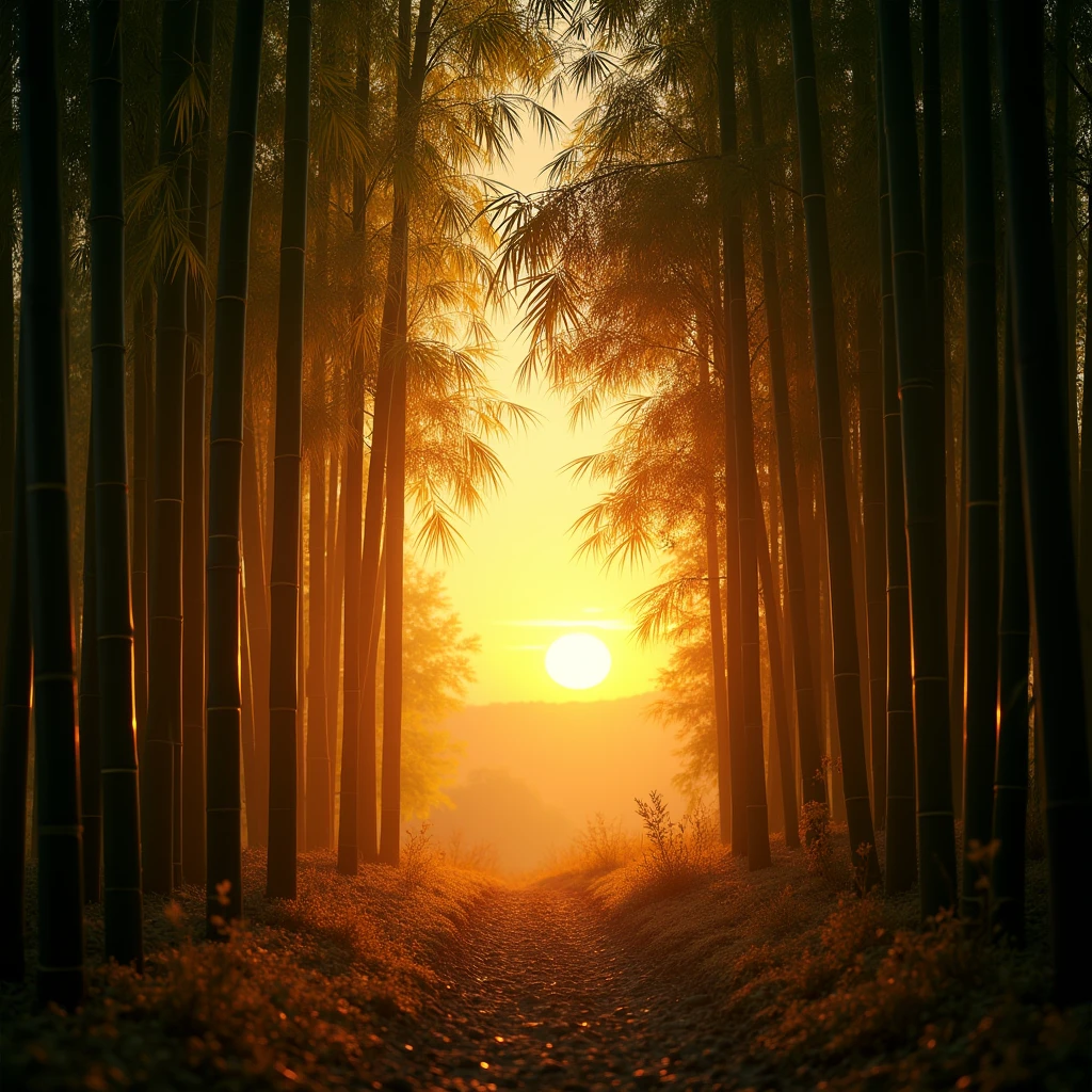 At sunset, the afterglow of the setting sun falls on the bamboo forest, forming a golden light and shadow. Using backlighting to capture the warmth and tranquility of the bamboo forest at sunset, cinematic still, dynamic movement, surreal, (best quality, masterpiece, photorealistic), very aesthetic, perfect composition, intricate details, ultra-detailed, vivid colors