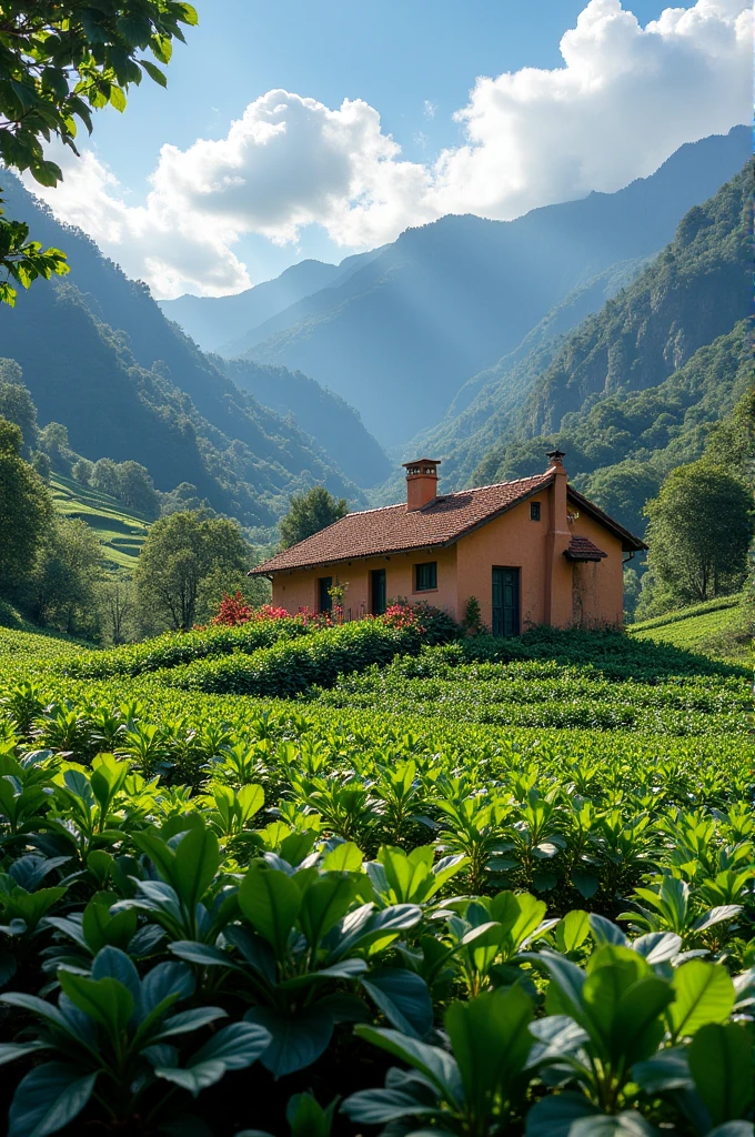 A green field with coffee plantations, mountains in the background, and a small adobe house with a tiled roof
