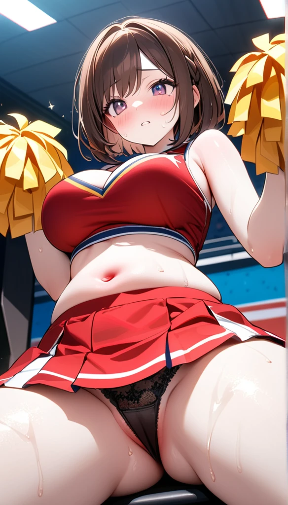 (1 person),(Best image quality, 8k, masterpiece:1.3), Anatomically correct, ((Brown hair bob cut:1.1)),(Swept-apart bangs,), (Cute eyes, Dark Eyes), (Mole under right eye), (thin), (Large Breasts),(Glowing Skin:1.1),(Pale skin:1.2),(A fantastic atmosphere),(look up),Ultra-high resolution, Textured skin, Sparkle Effect, Gazing at the audience,Sparkle Effect,Bright Eyes,
Black lace panties,Cheerleader,Braid, ribbon, Wet body,Sweat,
Cheer uniform,mini skirt,pom-pom,belly button,Cleavage,
Low Angle, Accentuate your butt,Show your pants,Spread your legs,Crotch close-up,Show your crotch,M-shaped legs,Sit in the gym and close the door, Blushing,