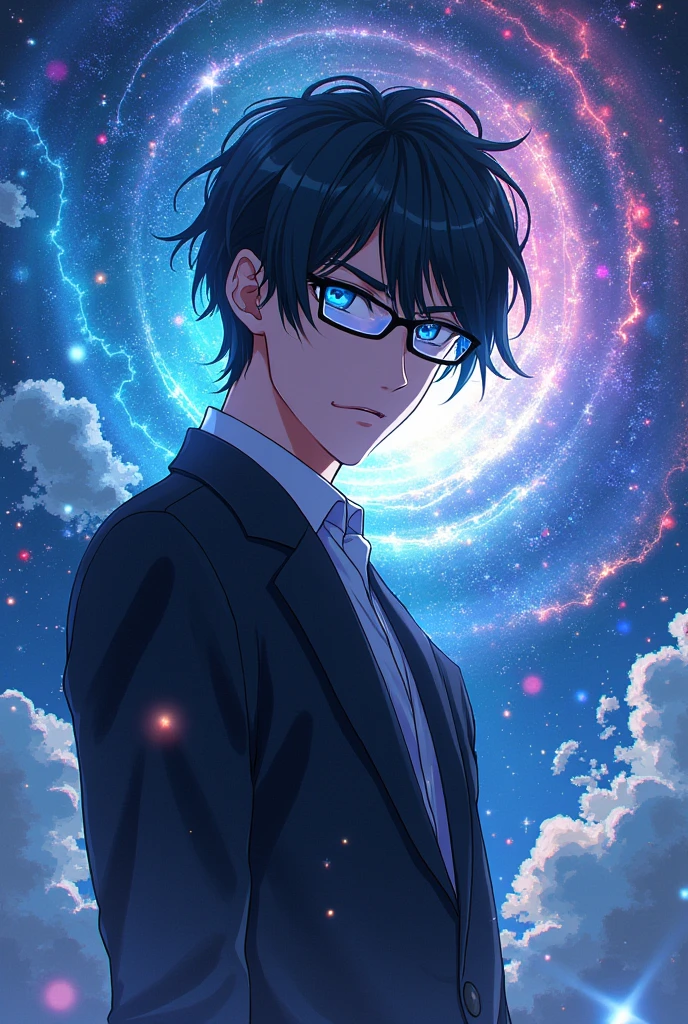 Create a male anime character who has black hair, wears glasses, and has the power to manipulate the strings of reality and manipulate the multiverse.