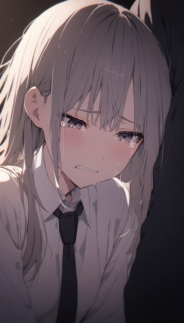  solo, Adult woman, Close up on person suffering from anxiety, a woman showing sadness, cry face, white shirt, black tie, Long-sleeved shirt, black trousers, dark hotel bedroom, no light source, dark background, night days,