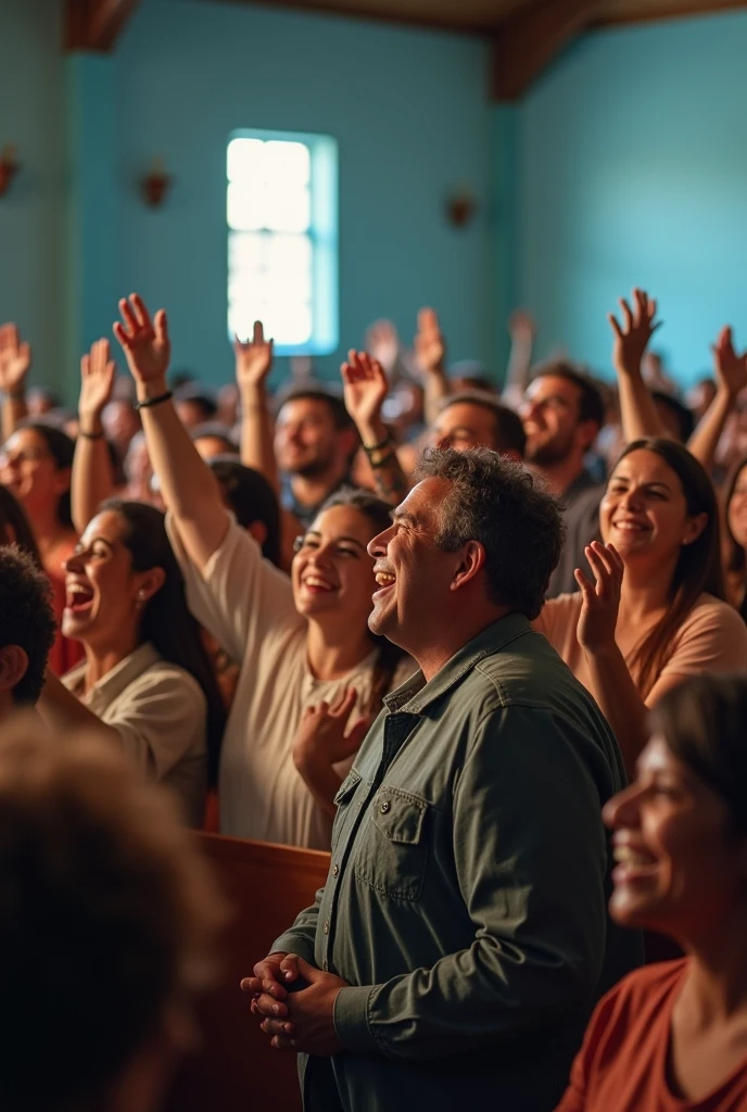 Make an image of an evangelical worship service that transmits: reception, acceptance, belonging, authenticity, hospitality and care. All this inside an evangelical church with blue walls. 