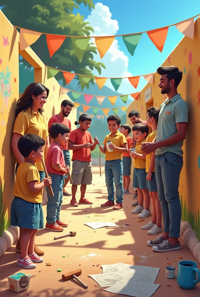 Families helping to build a school