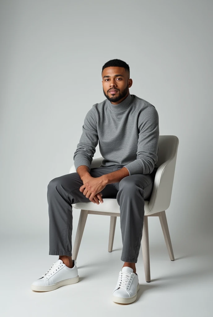 best qualityer:1.4), (ultra high resolution:1.2), (photorrealistic:1.4), (8k, CRU photo:1.2), a thin young man of 20 years old, Light brown skin, with a smooth, beardless face, with short hair, with shaved sides and a slightly curly top, similar to the fade or taper haircut style, gray long sleeve turtleneck shirt, Gray pants, White sneakers, is sitting on a white chair. You are in a photography studio with a gray background