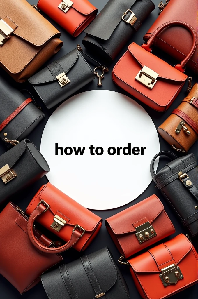 Creat a realistic image full of luxury bags around the cicle and write "how to order" in the center of the image in circle.