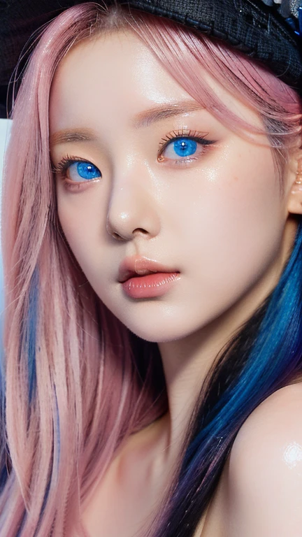 A close up of a woman with pink hair wearing a black hat, ((blue eyes)), guweiz style artwork, Kawaii realistic portrait, detailed face of an asian girl, photorealistic!!!!!!! Art Style, realistic painting cute girl, low detailed. Digital paint, realism artistic style, black rose jisoo portrait, Digital paint highly detailed, detailed Digital paint, # 1 Digital paint of all timeXision Wu, jisoo from blackpink, popular south korean makeup, quality detailed ,(beautiful makeup :1.2)
