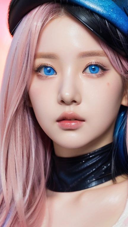 A close up of a woman with pink hair wearing a black hat, ((blue eyes)), guweiz style artwork, Kawaii realistic portrait, detailed face of an asian girl, photorealistic!!!!!!! Art Style, realistic painting cute girl, low detailed. Digital paint, realism artistic style, black rose jisoo portrait, Digital paint highly detailed, detailed Digital paint, # 1 Digital paint of all timeXision Wu, jisoo from blackpink, popular south korean makeup, quality detailed ,(beautiful makeup :1.2)