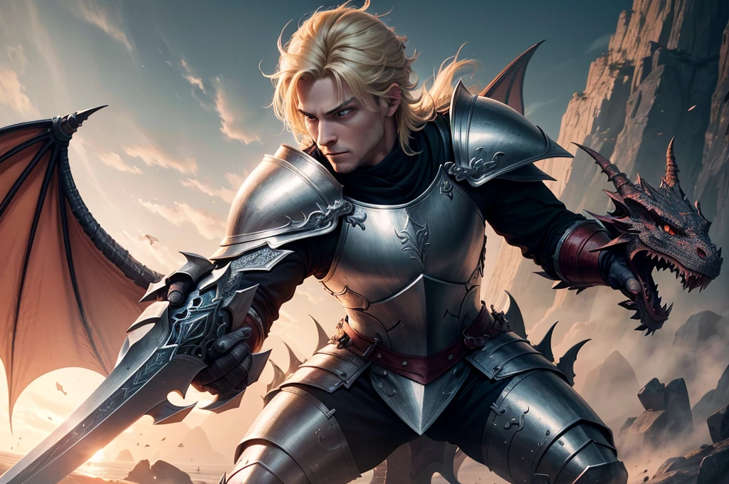 knight looking forward holding long sword, Holding the sword with both hands, lightweight armour, without a helmet, blond man, stark, fully body, dragon eyes in the background looking forward, dragon head in hyper detailed background, dragon showing only its powerful gaze, dragon eyes looking forward, Conceptual art portrait with 4k resolution, absurd resolution