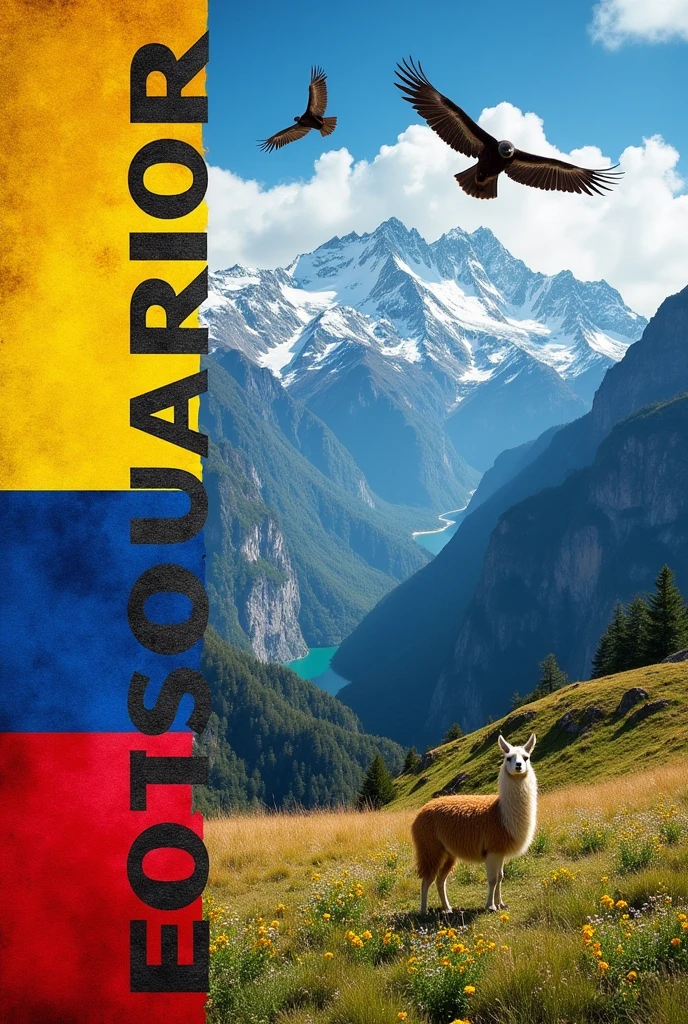 Collage with the flag of Ecuador and the name of Ecuador in letters in the vertical half of the image.
In the other half of the image a landscape with the Ecuadorian mountain range with snowy peaks and animals such as condors and llamas
