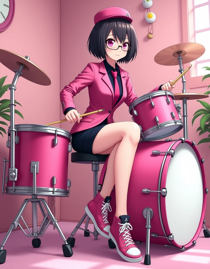 The young woman short black hair and pink eyes wear a pink suit, black shirt, magenta necktie, pink cap, black pencil skirt, black underpants, black tights, black socks, adidas pink sneakers high top.

She wear glasses and holding a drumstick, she sit on the drum chair and her right leg has to kick a pedal drum, pink drum set, pink room, cartoon anime, 4K, HD