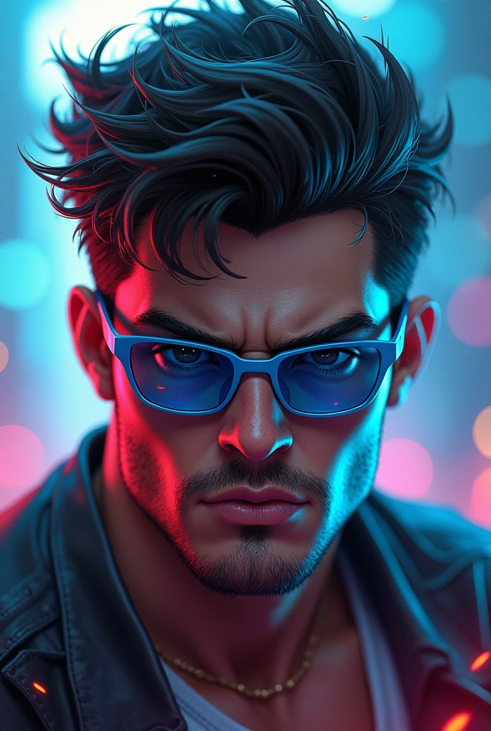A  male with dark brown eyes, with broken hair, thick lips, high, thin and with angry expression, put on  blue oakley glasses,3d render