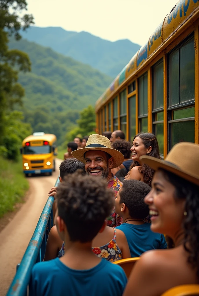 Two people travel throughout Venezuela in a school bus with childrens