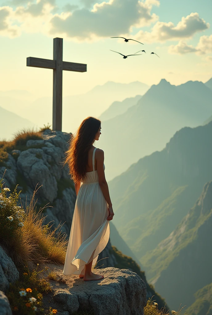 Woman looking at cross on top of mountain