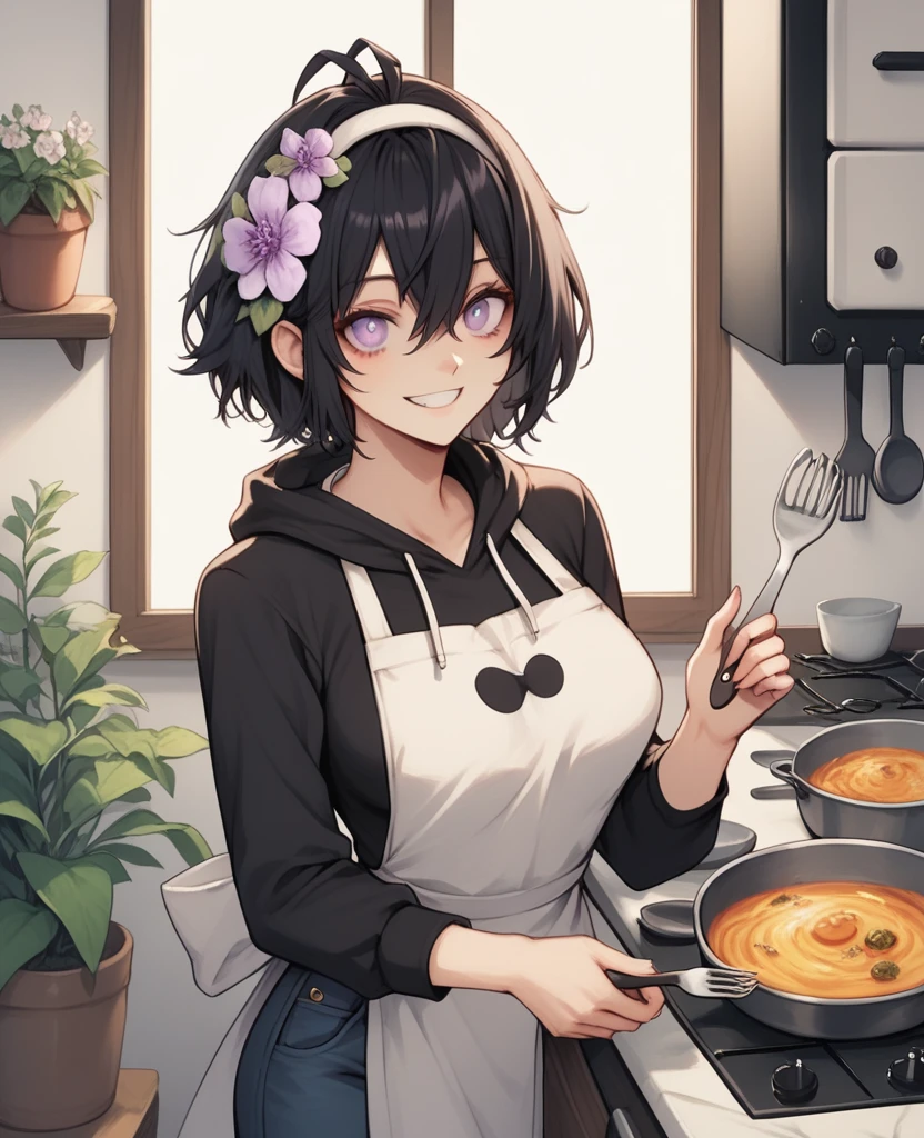 (masterpiece), expressive face, short black hair, bang between eyes, short black hair, short hair, sparking iris, sparking shaped iris, 1women, solo focused,  ribbon in hair, bangs, antenna hair, wife, cooking dinner, apron, standing, in kitchen, innocent smile, sweet, hoodie, flower head band,  wide smile, sparking violet eyes, perky breasts, jeans, thick thighs, barefoot, slippers,plants, microwave, cooking appliances, countertop, dining table, spoons, fork, knifes, round face, full body, resting, legs, thighs, looking at Viewer, upper-body focused, standing next to you, indoor, daytime, light lighting room, horror, teeth 