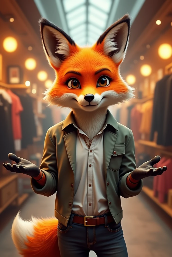 fox with open hands and a smirk online store avatar more inviting and adult as if selling something or advertising arms turned to the left