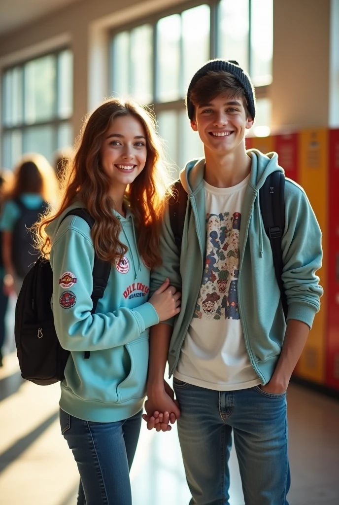 Two teenage lovers holding hands with backpacks on their backs smiling in a school 
