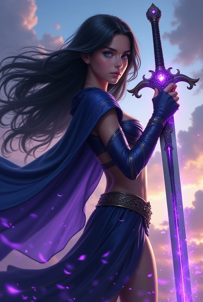 A 13 year old girl in realistic shape and fighting stance with black hair, with blue eyes and a magical aura around him, could be holding a sword with purple details, symbolizing your connection to magic. She could have a flowing cloak or cape, reinforcing her role as a daughter of Hecate.