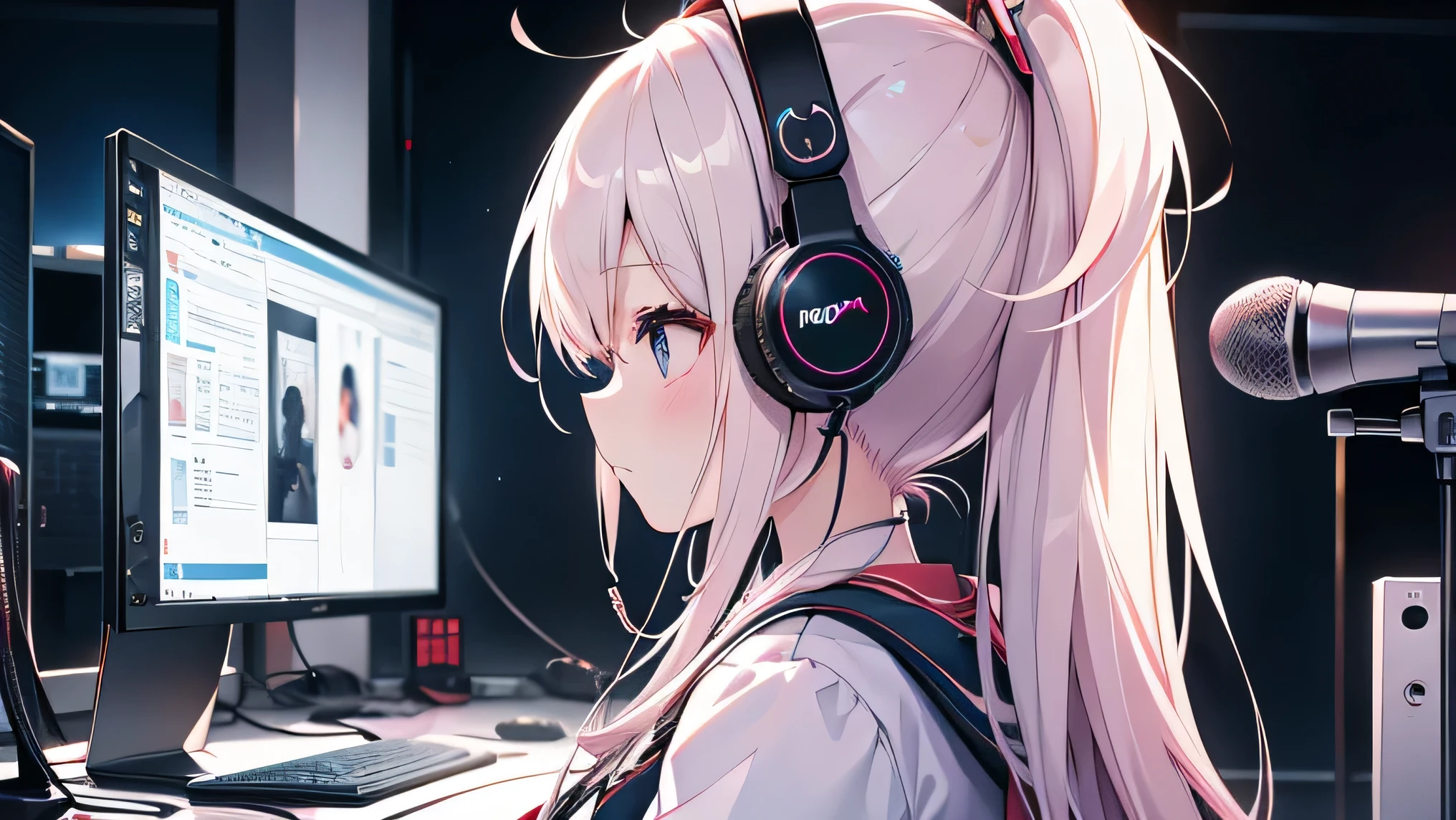 Distributor、 headphones、monitor、profile、beautiful girl、prism、Condenser microphone