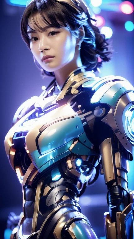 Highest quality, masterpiece, shape, (Realistic, photo-Realistic:1.37), wonderful, In detail, Unbelievably absurd, Very detailed, High resolution, Very detailed CG Unity 8k , Very detailed目と顔, Ray Tracing, The cyborg girl is pure.,She is wearing a mecha armor jacket.。..。.., Exposing most of her flawless skin. Added armor details to shoulders and head.、wonderfulハイライトがいくつかあります, Tech Panels and Mechanisms. She stands against a futuristic cityscape lit up with vibrant neon lights.......、Standing full of energy。.
