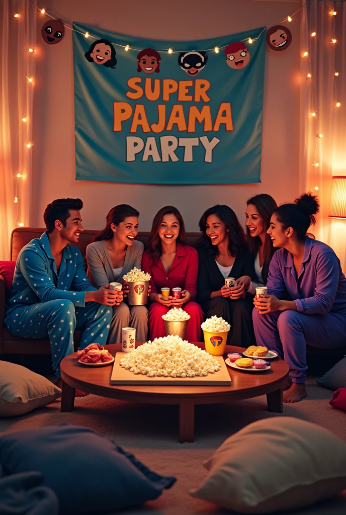 The Avengers are all gathered in a cozy living room, decorated with colored lights, soft pillows and blankets. Each wears pajamas that reflect their unique personality.. One of them is wearing blue pajamas with stars, another in bright red pajamas, and another with gray pajamas with fun prints. There is also a friend wearing elegant black pajamas and another friend wearing purple pajamas with cartoons.
They are sitting around a low table full of snacks., like popcorn, sweets and cupcakes decorated with symbols reminiscent of superheroes. At the center, there are open beer cans, and everyone seems relaxed and excited, laughing and talking. One of them is hanging on the couch, holding a bucket of popcorn.
on the wall, there is a colorful banner that says "Super Pajama Party GPC", with smiling faces. The room is softly lit, creating a warm and fun atmosphere, while everyone enjoys the moment together.