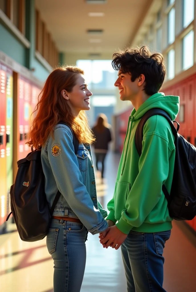 Two age lovers holding hands with backpacks on their backs smiling in a school