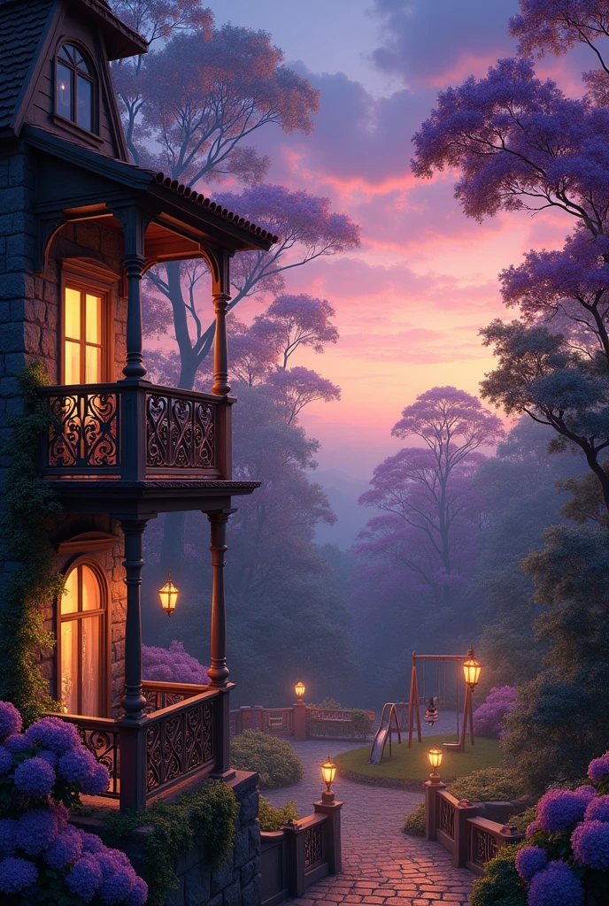 Balcony with with window evening time fantasy video without girl trees flowers playground video