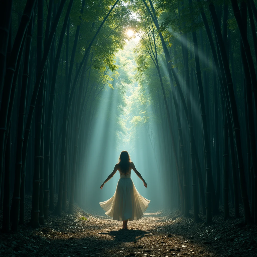 At night in the bamboo forest, moonlight shines through the bamboo leaves, creating a soft light and shadow. Capture the tranquility and mystery of the bamboo forest at night through long-term exposure, cinematic still, dynamic movement, surreal, (best quality, masterpiece, photorealistic), very aesthetic, perfect composition, intricate details, ultra-detailed, vivid colors