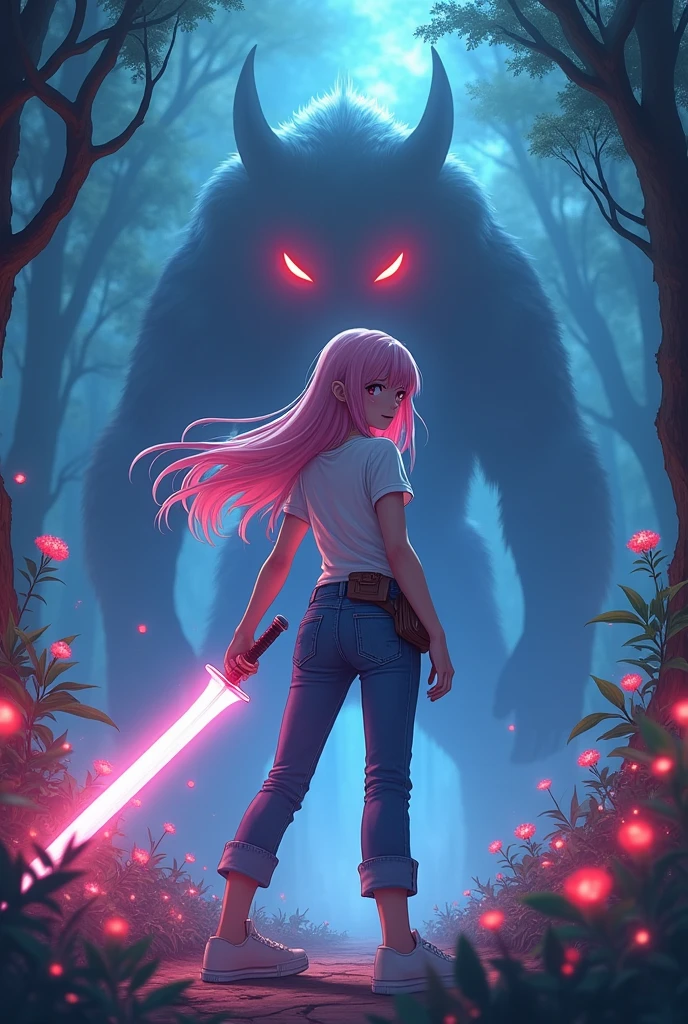 (anime style:1.5), vibrant fantasy forest, magical atmosphere, glowing plants, long pink hair, white skin, 18-year-old girl, wearing a white short-sleeve t-shirt and denim pants, with a small side bag, holding a semi-realistic fantasy sword with a glowing blade, facing off against a large creature with glowing red eyes, intense and determined expression, dynamic battle-ready pose, sword in hand, creature in background, mystical lighting, vibrant colors, cinematic composition, by Hayao Miyazaki, by Yoshitaka Amano