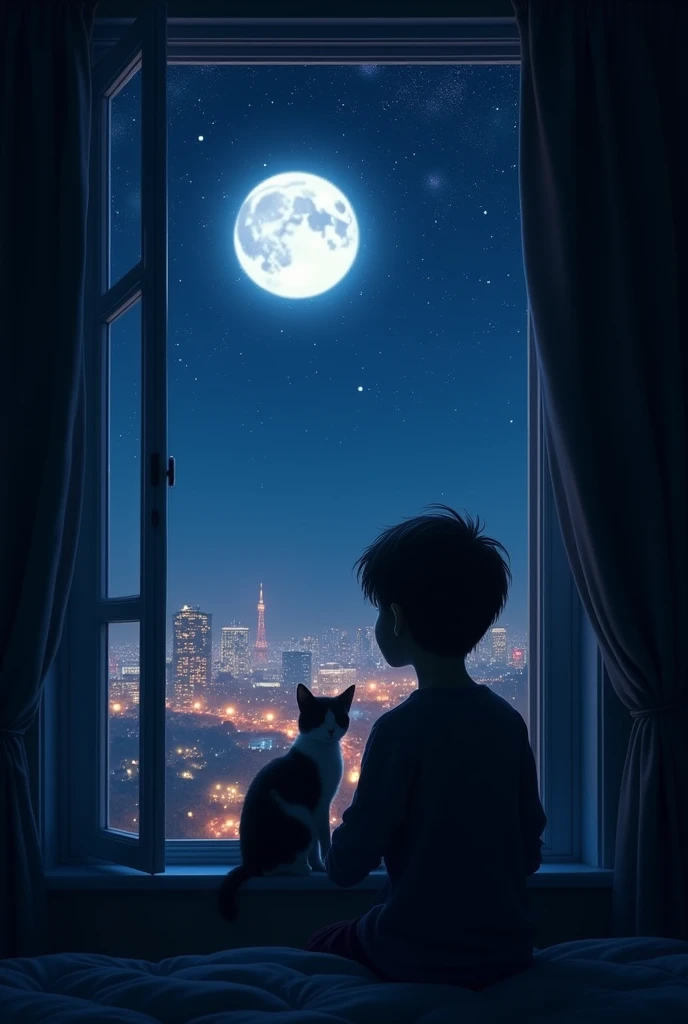 there is a boy looking out a window at the moon, night stary sky full of stars, bright moon, watching the stars, silhouette of a boy and his cat, window into sky behind them, looking at the stars, looking out, watching the stars at night, window to night time, view of a city