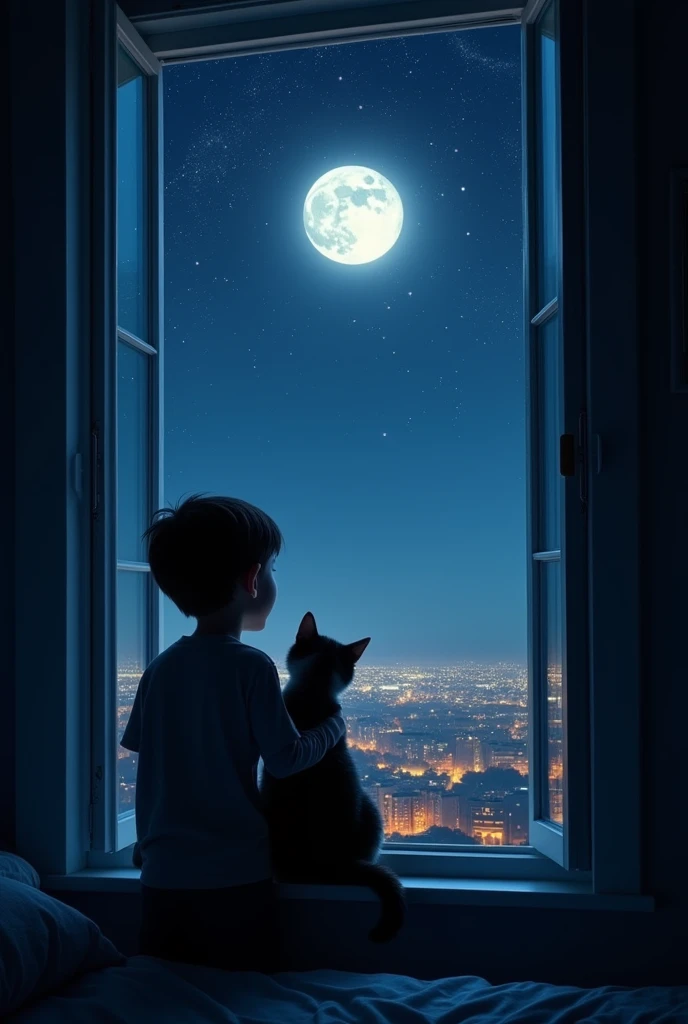 there is a boy looking out a window at the moon, night stary sky full of stars, bright moon, watching the stars, silhouette of a boy and his cat, window into sky behind them, looking at the stars, looking out, watching the stars at night, window to night time, view of a city