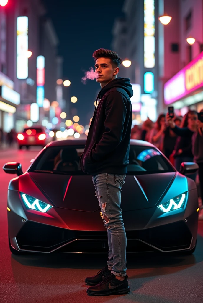 (photorealism:1.2), very stylish handsome boy, tight scars jeans, vaping beside his new type lambo car(randomize glossy color), (random camera angle), smokes streets, girls are taking his picture by cellphones, the traffic lights and marks, low angle camera shots, nike black sneakers, car lights in the streets at nights