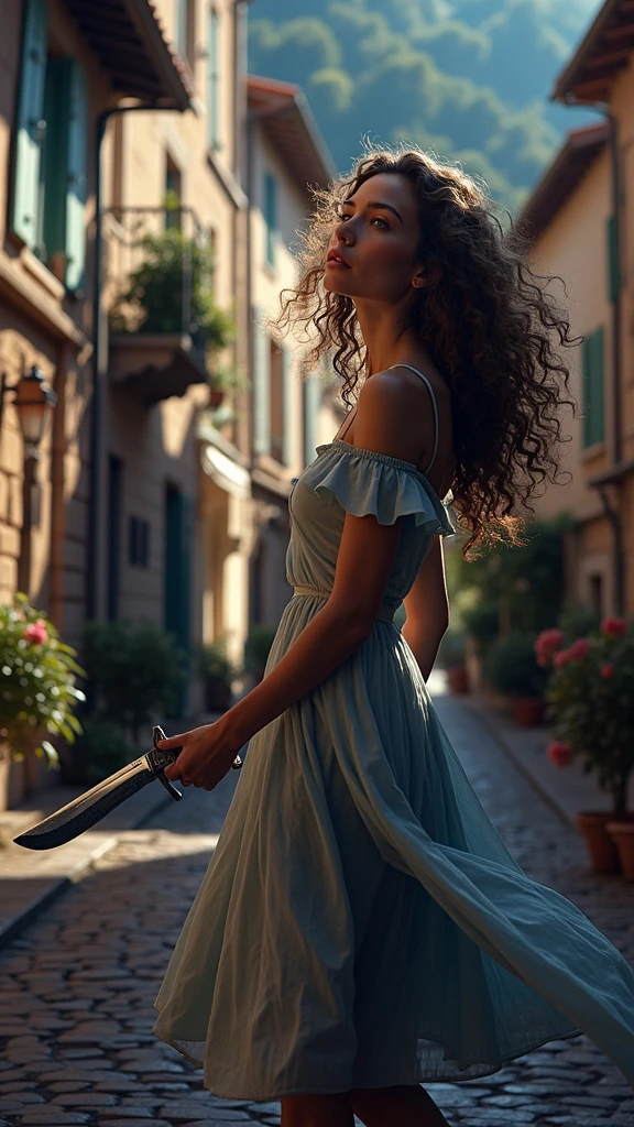 a beautiful curly brown-haired woman dancing in a French village, close-up, vulgar, sexy, Pixar style, Disney style, cinematic lighting, holding a knife, intricate details, volumetric lighting, chiaroscuro, dramatic atmosphere, ultra-detailed, hyperrealistic, masterpiece, 8k