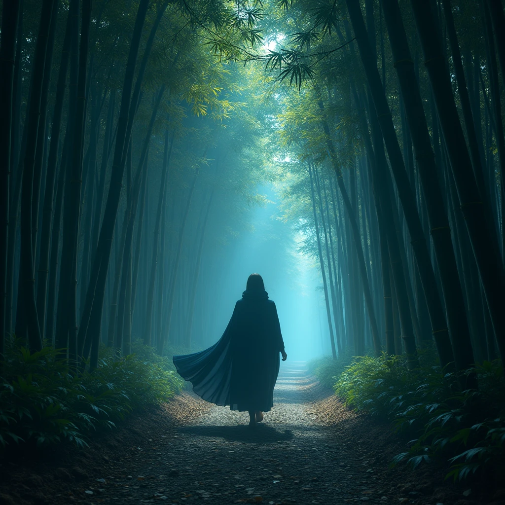 At night in the bamboo forest, starlight shines through the bamboo leaves, creating a soft light and shadow. Capture the tranquility and mystery of the bamboo forest at night through long-term exposure, cinematic still, dynamic movement, surreal, (best quality, masterpiece, photorealistic), very aesthetic, perfect composition, intricate details, ultra-detailed, vivid colors