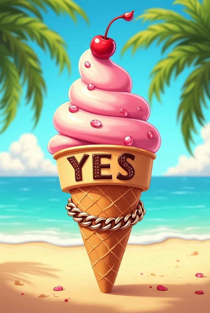 Animated cartoon ice cream cone with a Cuban chain and the letters YES marked on it