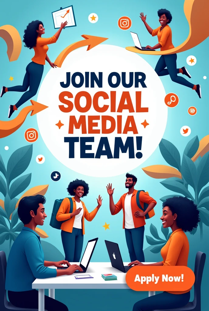 Create a vibrant and dynamic image that represents a recruitment ad for a social media position. In the middle, include an attractive text that says: "Join Our Social Media Team!" With blue tones, orange and green. Incorporate visual elements such as social media icons (facebook, Instagram, Twitter, Tiktok) and graphics that represent growth and connection, like upward arrows and people collaborating. diverse and enthusiastic people working in a modern environment, using mobile devices and computers. On the bottom, include a call to action: "Apply Now!"