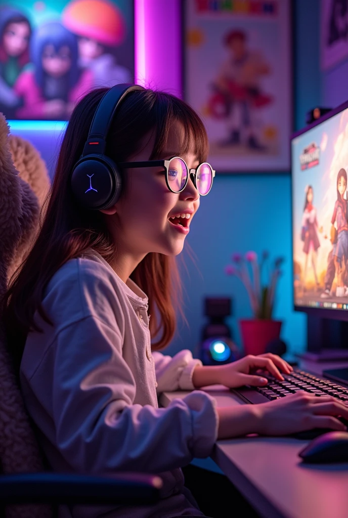 Image of teenage girl with glasses playing on the computer
