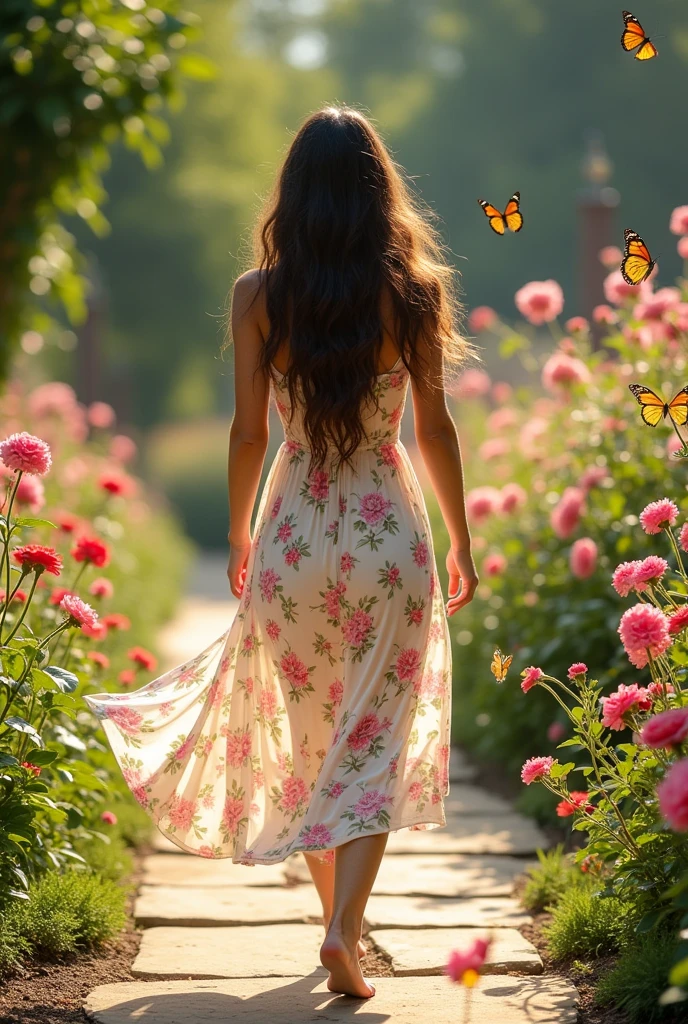A beautiful 22 year old brunette walking through the garden