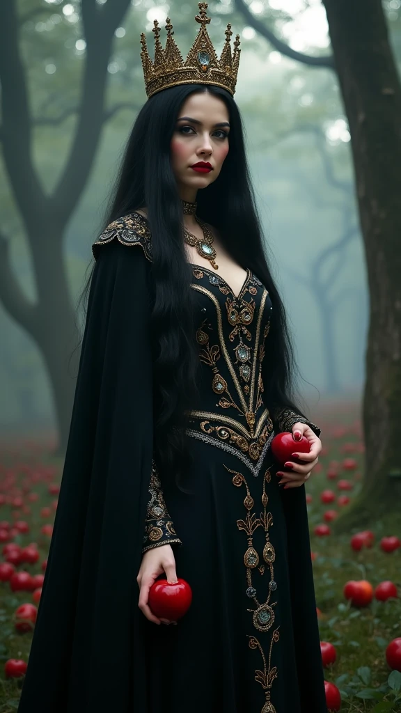 girl,Black long hair,Black Queen,Accessories,Apple in hand,Poison apples,Witch Queen,Red lipstick